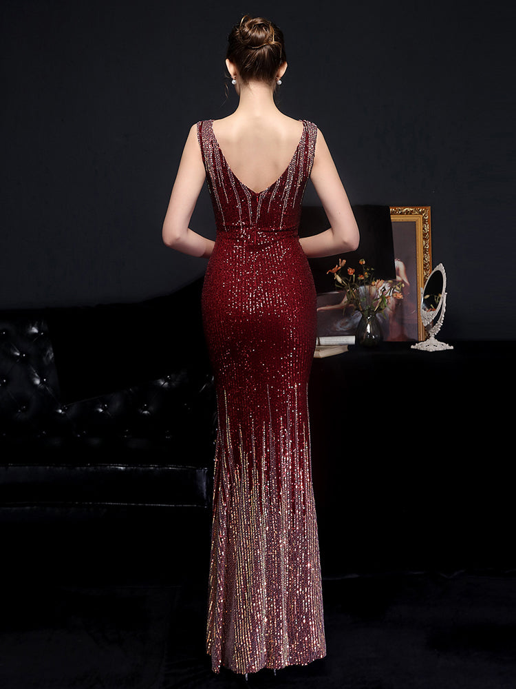 Heidi-Mode | Ärmellose V-Ausschnitt Paillettenkleid Maxi