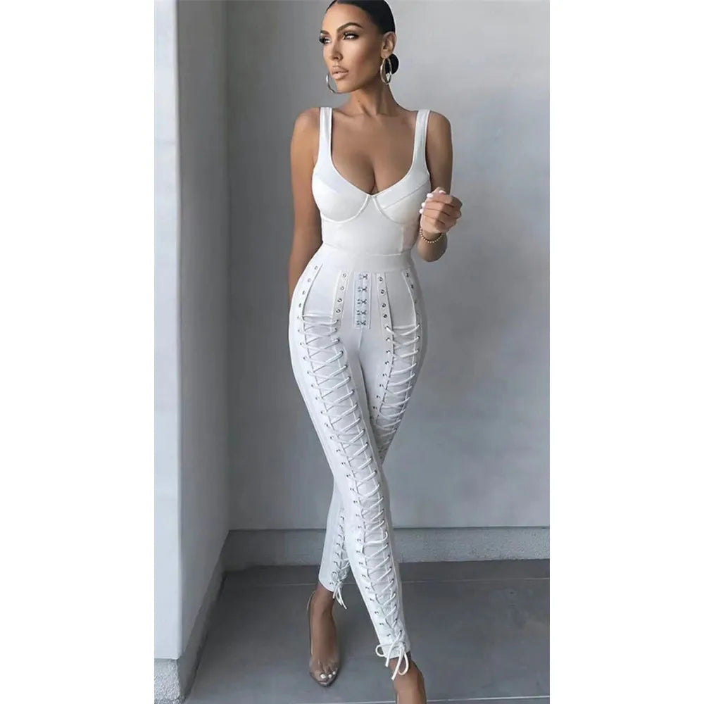 Heidi-Mode | Schwarz Weiß Ärmellos Weben Rayon Bandage Jumpsuit Cocktailparty Bodycon Jumpsuit Vestidos