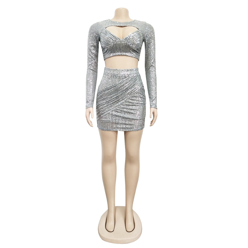 Heidi-Mode | Pailletten Crop Top & Hohe Taille Minirock Sets