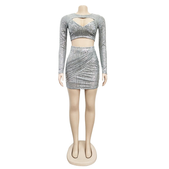 Heidi-Mode | Pailletten Crop Top & Hohe Taille Minirock Sets