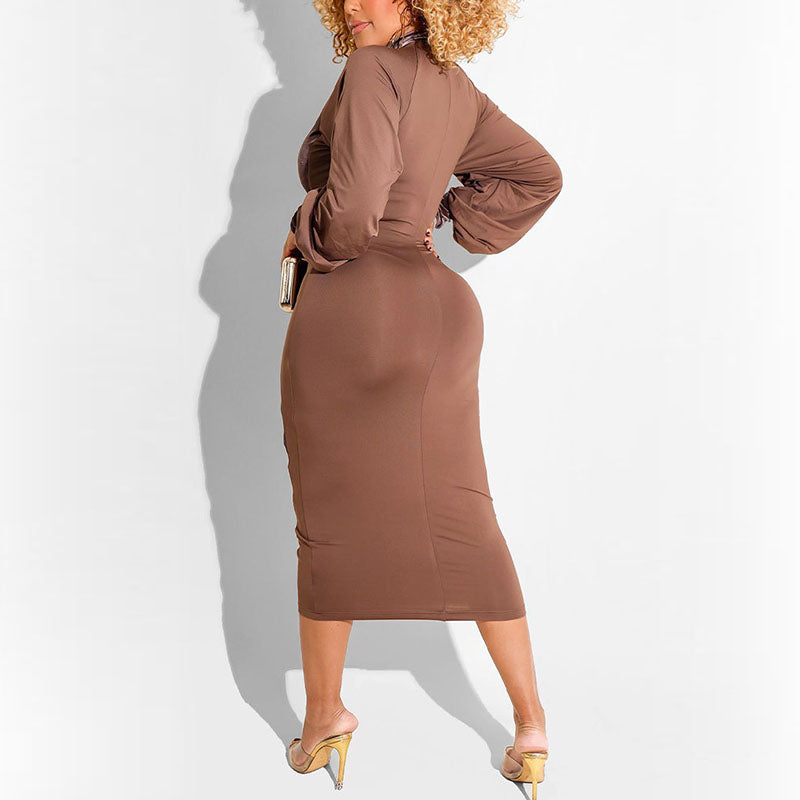 Heidi-Mode | Puff Ärmel Reißverschluss Bodycon Midi Kleider