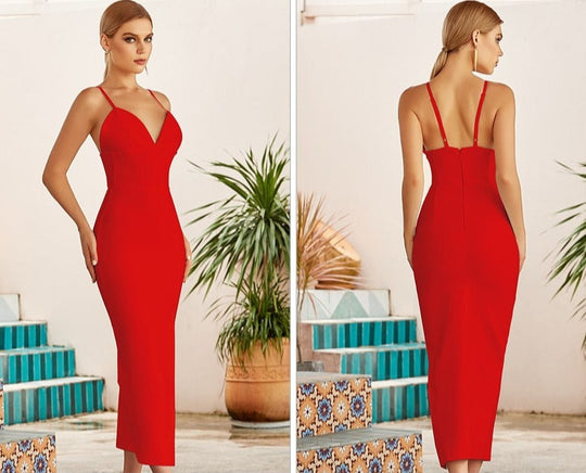 Heidi-Mode | V-Ausschnitt Spaghetti Träger Bodycon Bandage Maxi Kleider