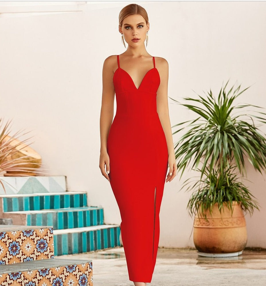 Heidi-Mode | V-Ausschnitt Spaghetti Träger Bodycon Bandage Maxi Kleider