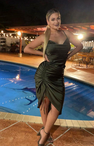 Heidi-Mode | Satin Ärmelloses Rüschen Drawstring Midi Kleider
