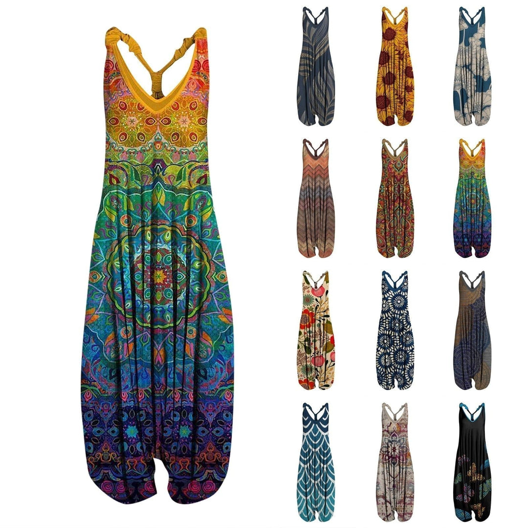 Heidi-Mode | Jumpsuit Locker Sitzend Harem Stil Ärmellos V-Ausschnitt Boheme Lässig Look
