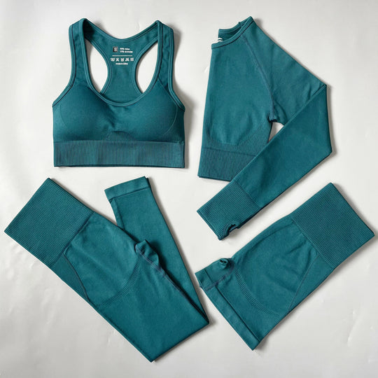 Heidi-Mode | 2/3/4Pcs Nahtlose Frauen Yoga Set Trainings Sportbekleidung Fitness Langarm Crop Top Hohe Taille Leggings Sportanzug