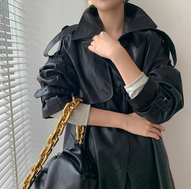 Heidi-Mode | Langer Leder-Mantel mit Gürtel für Damen - Ideal für den Winter