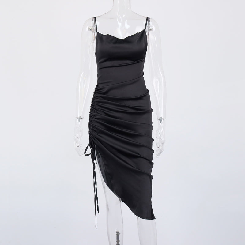 Heidi-Mode | Satin Ärmelloses Rüschen Drawstring Midi Kleider