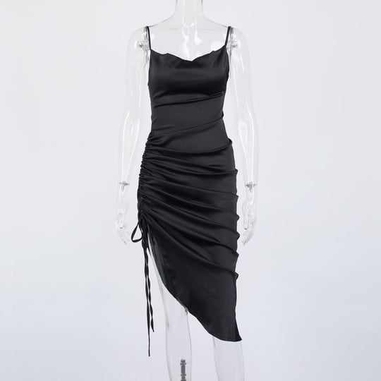 Heidi-Mode | Satin Ärmelloses Rüschen Drawstring Midi Kleider