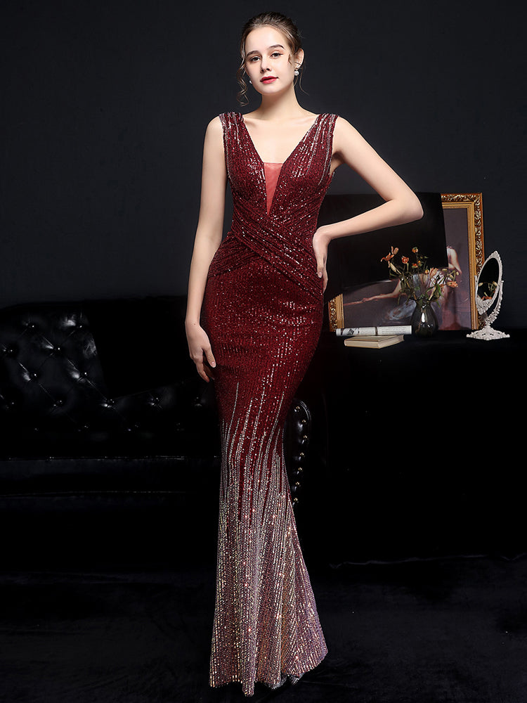 Heidi-Mode | Ärmellose V-Ausschnitt Paillettenkleid Maxi