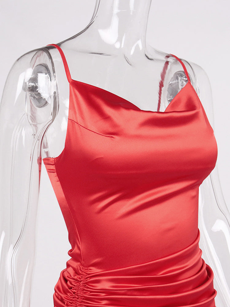 Heidi-Mode | Satin Ärmelloses Rüschen Drawstring Midi Kleider