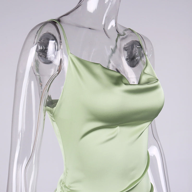 Heidi-Mode | Satin Ärmelloses Rüschen Drawstring Midi Kleider