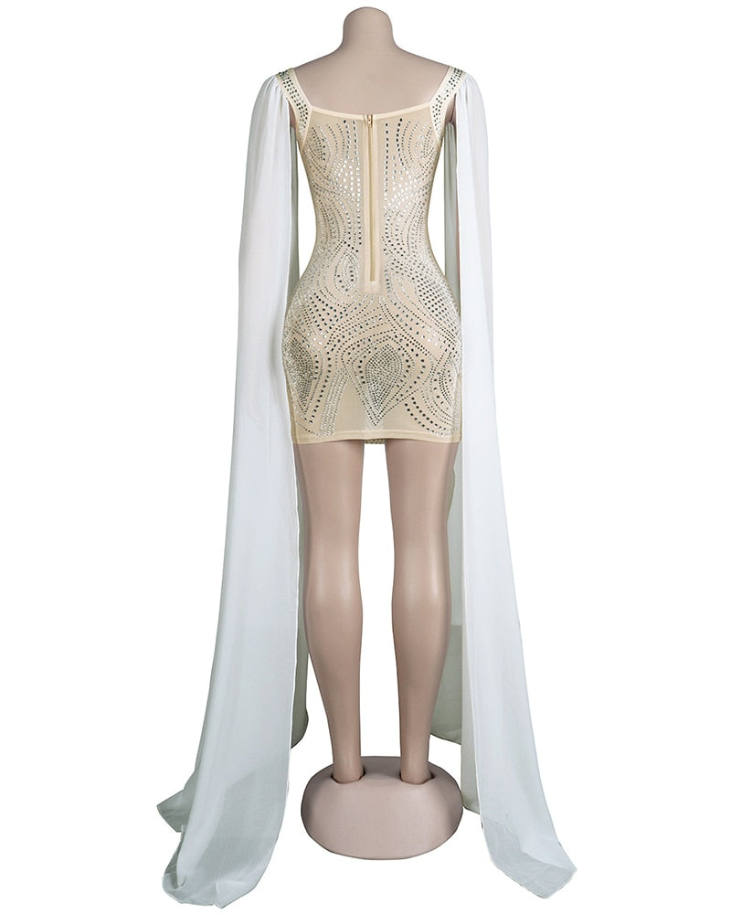 Heidi-Mode | Knöchellanges Flare Cape Ärmel Mesh Kristall Kleider