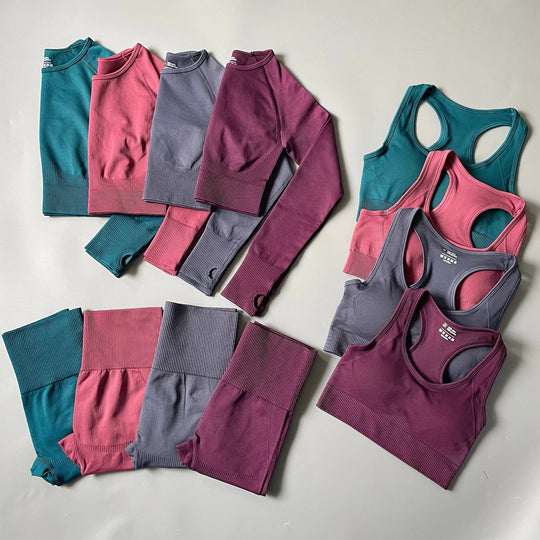 Heidi-Mode | 2/3/4Pcs Nahtlose Frauen Yoga Set Trainings Sportbekleidung Fitness Langarm Crop Top Hohe Taille Leggings Sportanzug