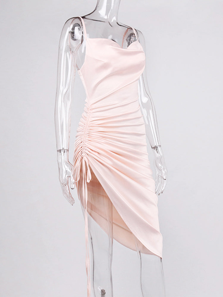 Heidi-Mode | Satin Ärmelloses Rüschen Drawstring Midi Kleider
