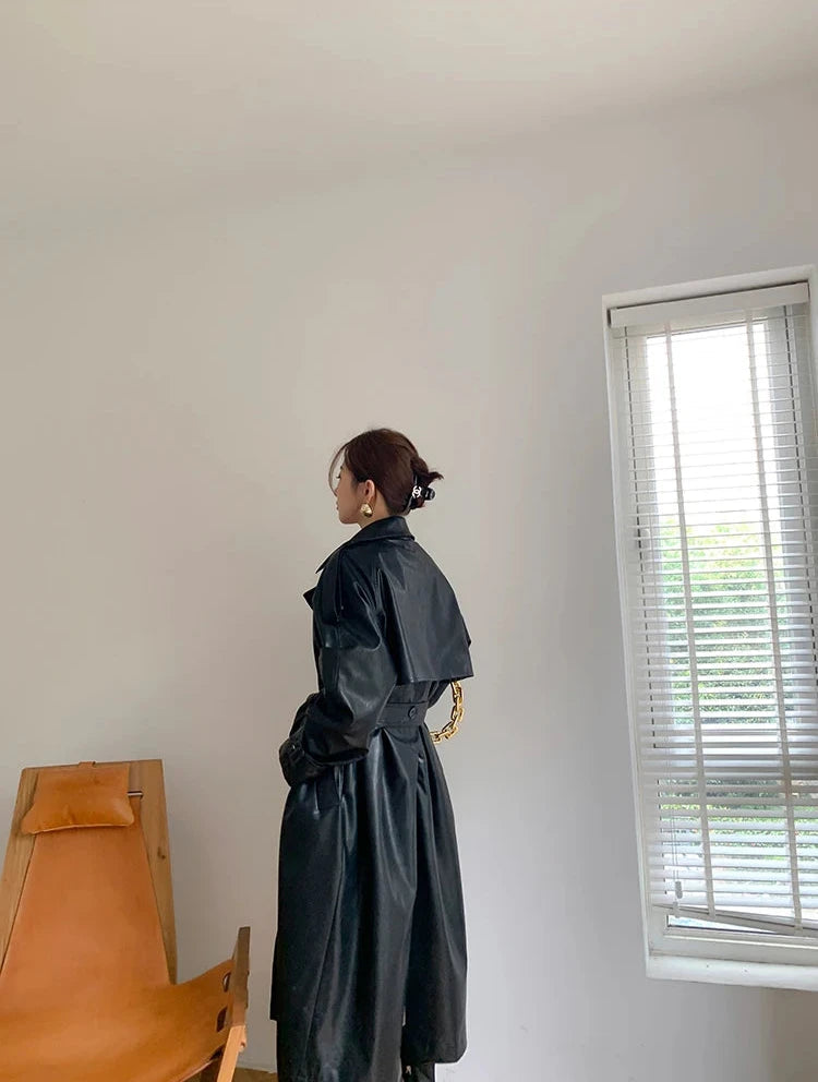 Heidi-Mode | Langer Leder-Mantel mit Gürtel für Damen - Ideal für den Winter