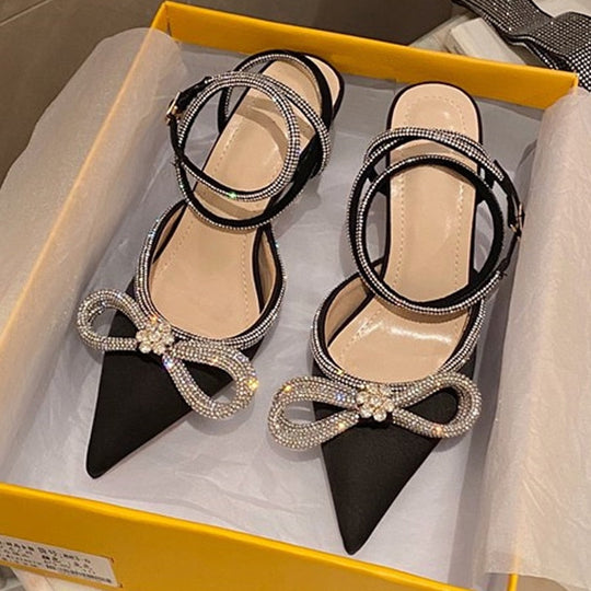 Heidi-Mode | Crystal Schleifenseide Spitz Zehen Schnallenriemen Dünne High Heels