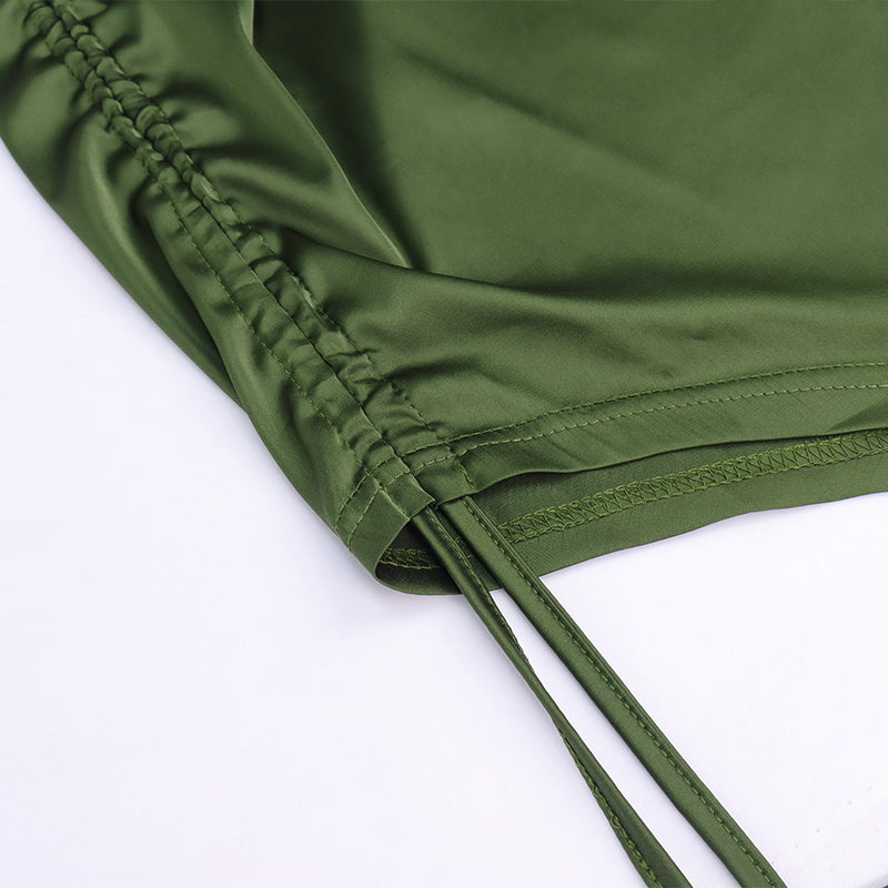 Heidi-Mode | Satin Ärmelloses Rüschen Drawstring Midi Kleider