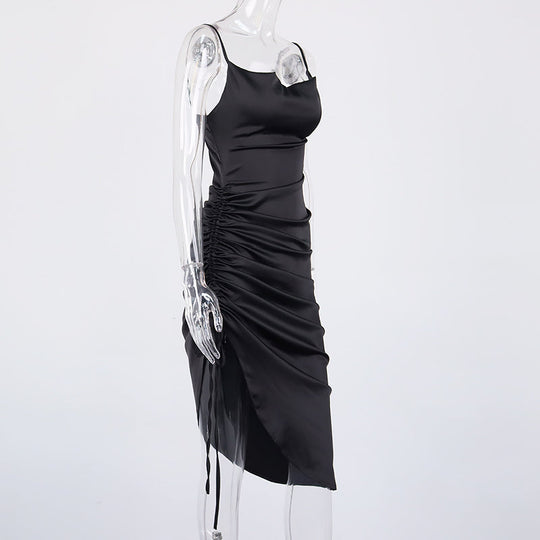 Heidi-Mode | Satin Ärmelloses Rüschen Drawstring Midi Kleider