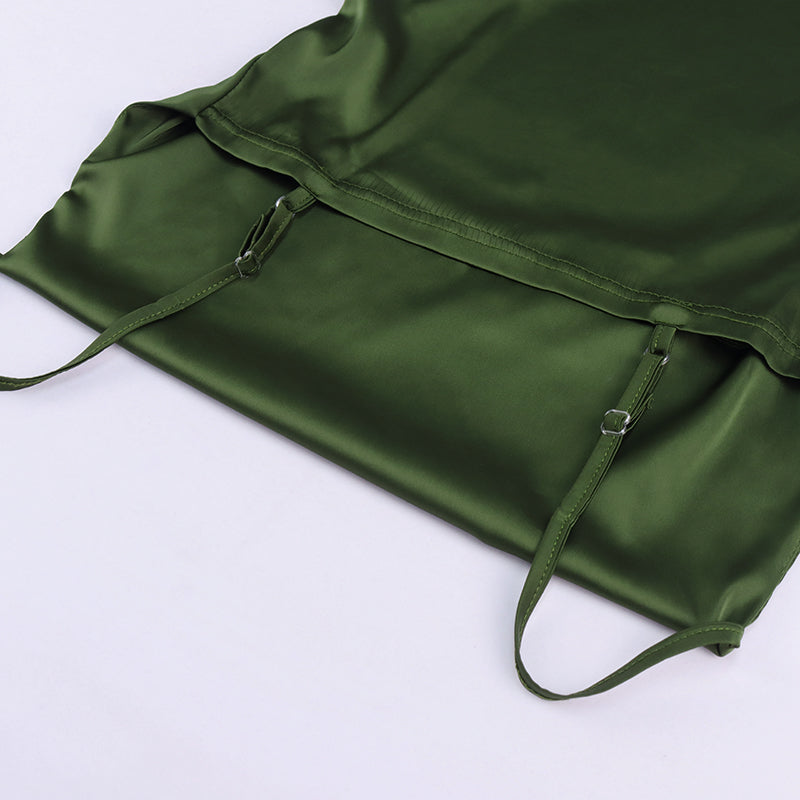 Heidi-Mode | Satin Ärmelloses Rüschen Drawstring Midi Kleider