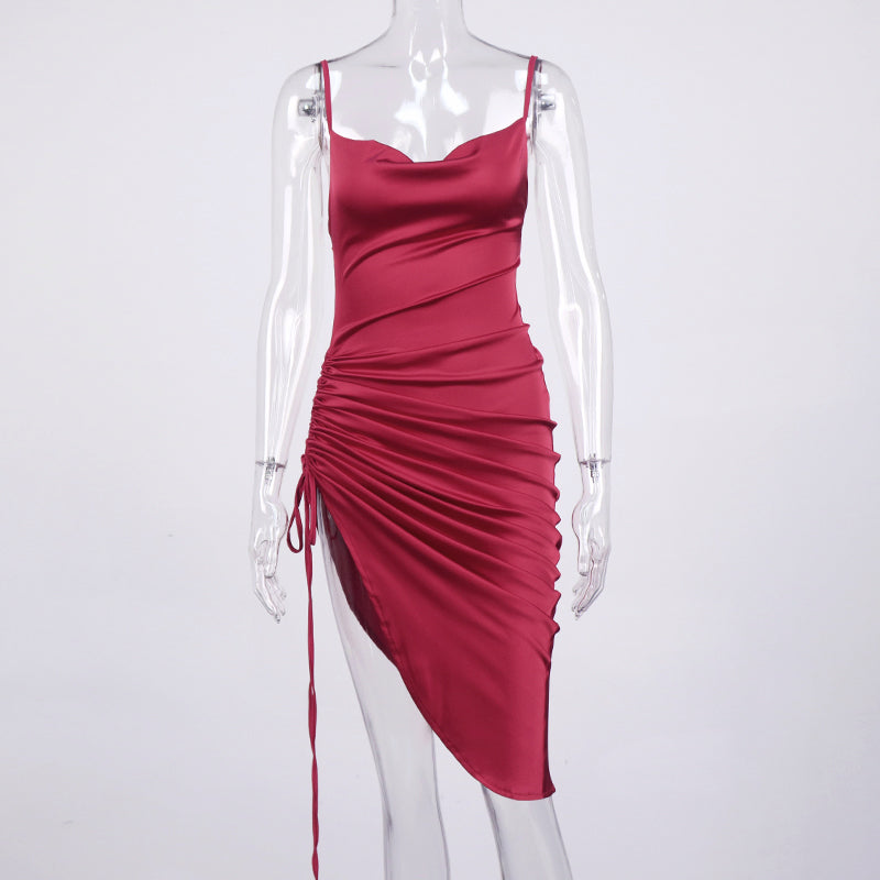 Heidi-Mode | Satin Ärmelloses Rüschen Drawstring Midi Kleider
