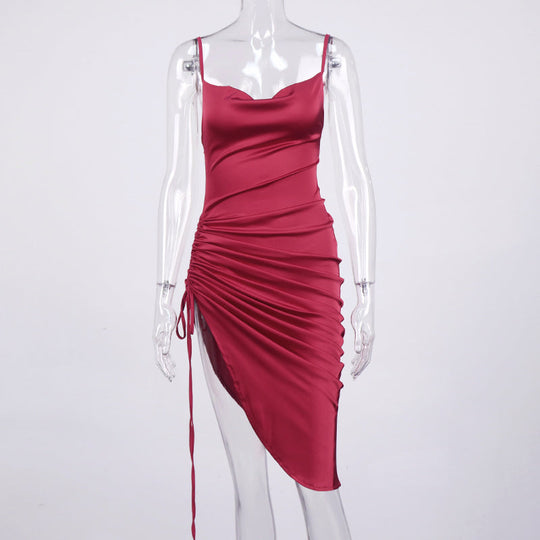 Heidi-Mode | Satin Ärmelloses Rüschen Drawstring Midi Kleider
