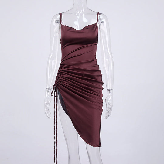 Heidi-Mode | Satin Ärmelloses Rüschen Drawstring Midi Kleider