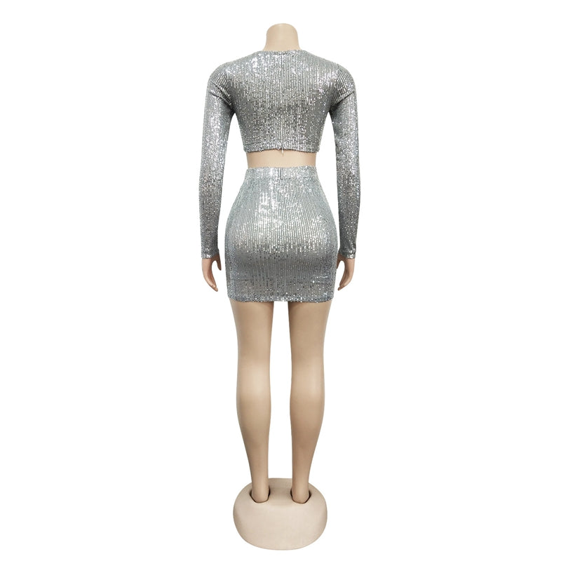 Heidi-Mode | Pailletten Crop Top & Hohe Taille Minirock Sets