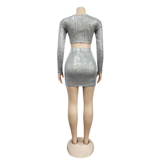 Heidi-Mode | Pailletten Crop Top & Hohe Taille Minirock Sets