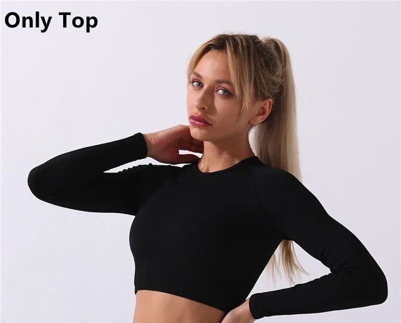 Heidi-Mode | Rid Seamless Yoga Set Frauen 2Pcs To Delet Langarm Crop Top T-Shirt Leggings Outfit Kleidung Fitness Kleidung Fitness Anzug Sport Set