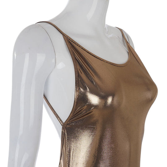 Heidi-Mode | Metallic O-Ausschnitt Offene Rückansicht Körperbeton Maxi Kleider