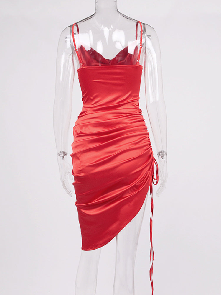 Heidi-Mode | Satin Ärmelloses Rüschen Drawstring Midi Kleider