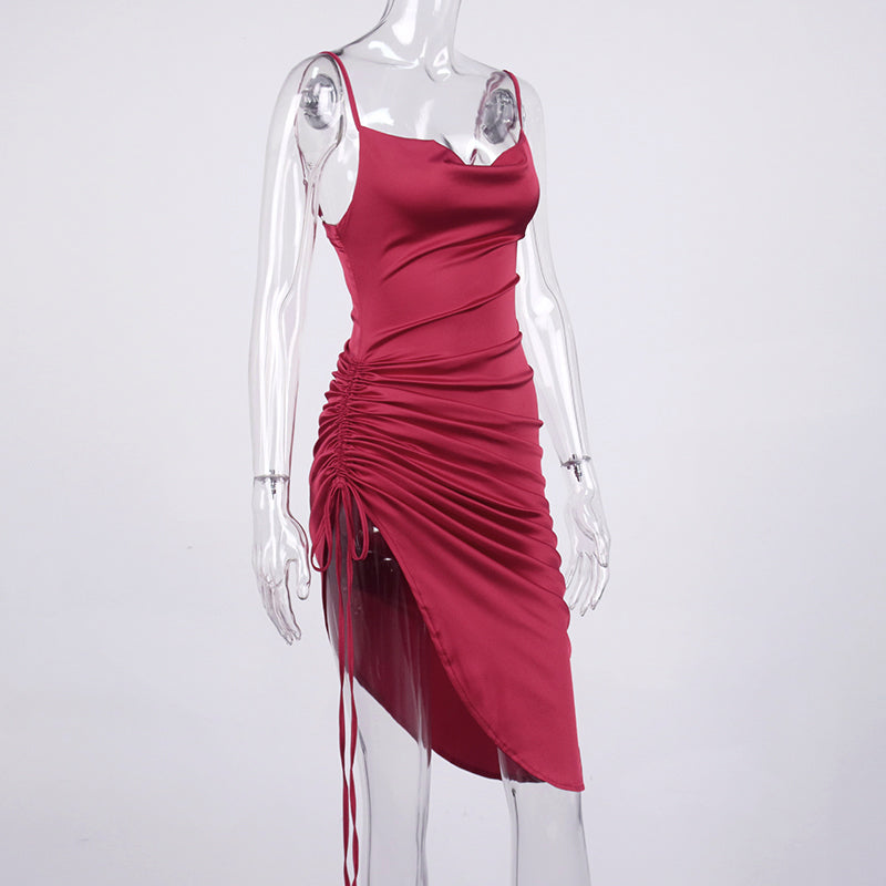 Heidi-Mode | Satin Ärmelloses Rüschen Drawstring Midi Kleider