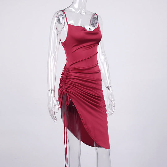 Heidi-Mode | Satin Ärmelloses Rüschen Drawstring Midi Kleider
