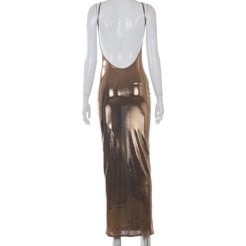 Heidi-Mode | Metallic O-Ausschnitt Offene Rückansicht Körperbeton Maxi Kleider
