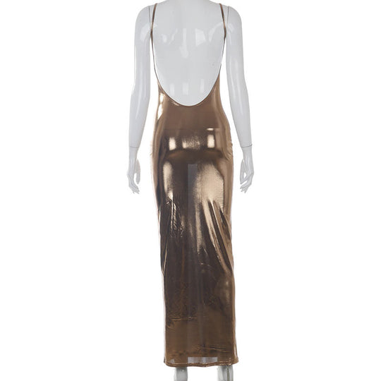Heidi-Mode | Metallic O-Ausschnitt Offene Rückansicht Körperbeton Maxi Kleider