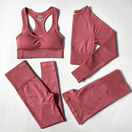 Heidi-Mode | 2/3/4Pcs Nahtlose Frauen Yoga Set Trainings Sportbekleidung Fitness Langarm Crop Top Hohe Taille Leggings Sportanzug