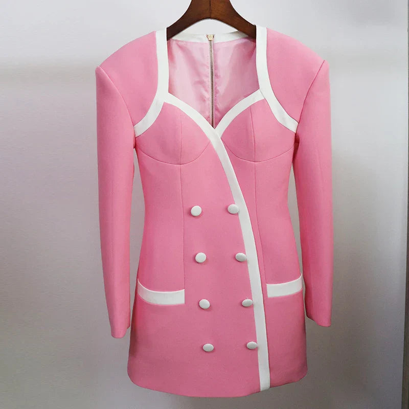 Heidi-Mode | Designer Kleid Frauen Extra Schulter Quadratkragen Lange Ärmel Doppelreihe Farbblock Mini Kleid