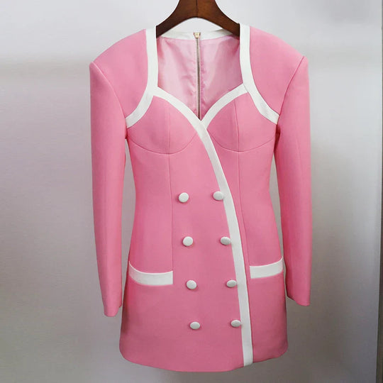 Heidi-Mode | Designer Kleid Frauen Extra Schulter Quadratkragen Lange Ärmel Doppelreihe Farbblock Mini Kleid