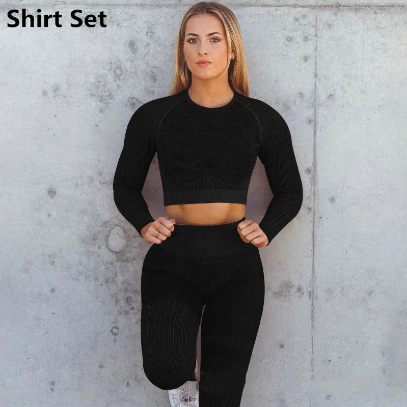 Heidi-Mode | Rid Seamless Yoga Set Frauen 2Pcs To Delet Langarm Crop Top T-Shirt Leggings Outfit Kleidung Fitness Kleidung Fitness Anzug Sport Set