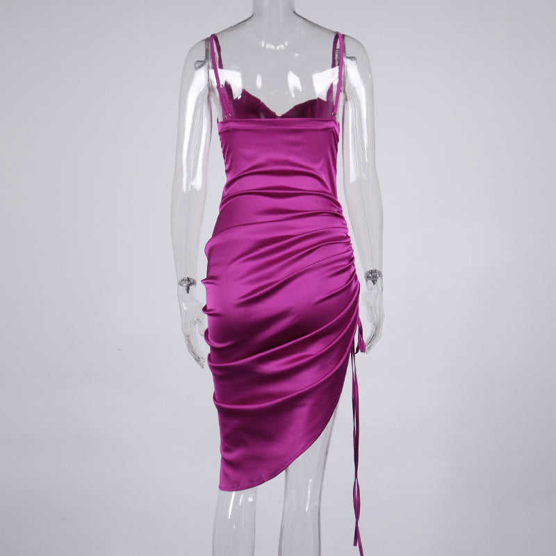 Heidi-Mode | Satin Ärmelloses Rüschen Drawstring Midi Kleider