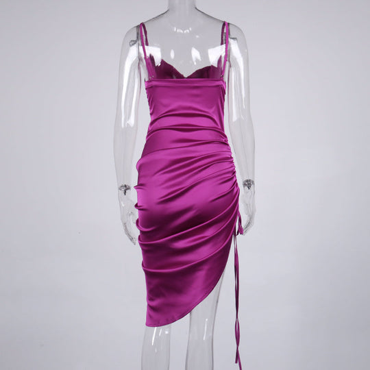 Heidi-Mode | Satin Ärmelloses Rüschen Drawstring Midi Kleider