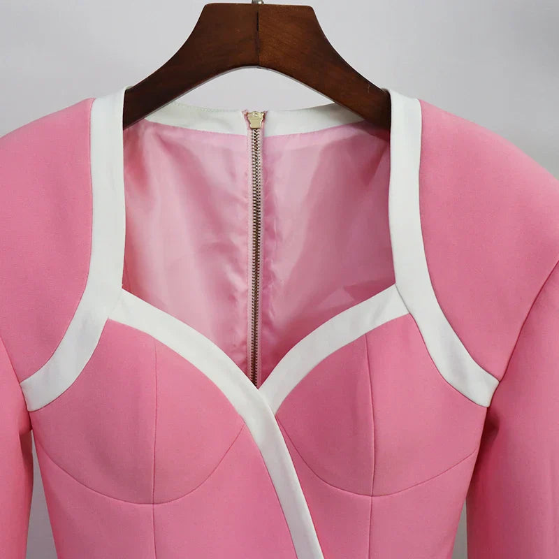 Heidi-Mode | Designer Kleid Frauen Extra Schulter Quadratkragen Lange Ärmel Doppelreihe Farbblock Mini Kleid