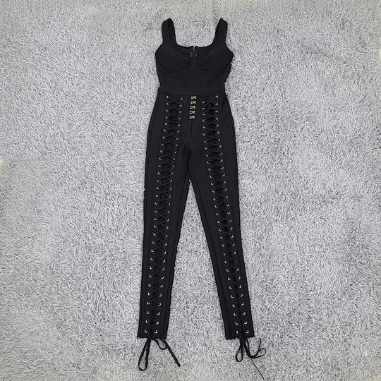 Heidi-Mode | Schwarz Weiß Ärmellos Weben Rayon Bandage Jumpsuit Cocktailparty Bodycon Jumpsuit Vestidos