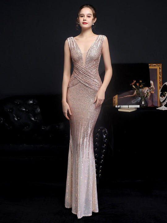 Heidi-Mode | Ärmellose V-Ausschnitt Paillettenkleid Maxi