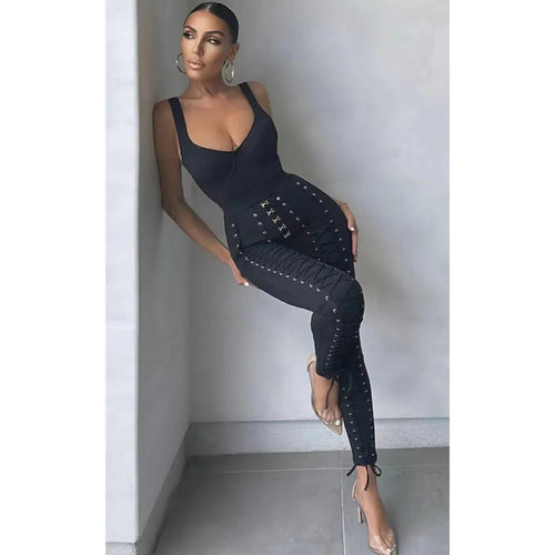 Heidi-Mode | Schwarz Weiß Ärmellos Weben Rayon Bandage Jumpsuit Cocktailparty Bodycon Jumpsuit Vestidos