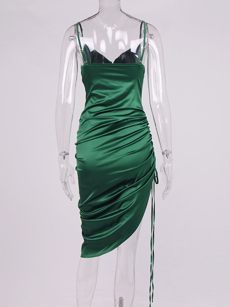 Heidi-Mode | Satin Ärmelloses Rüschen Drawstring Midi Kleider