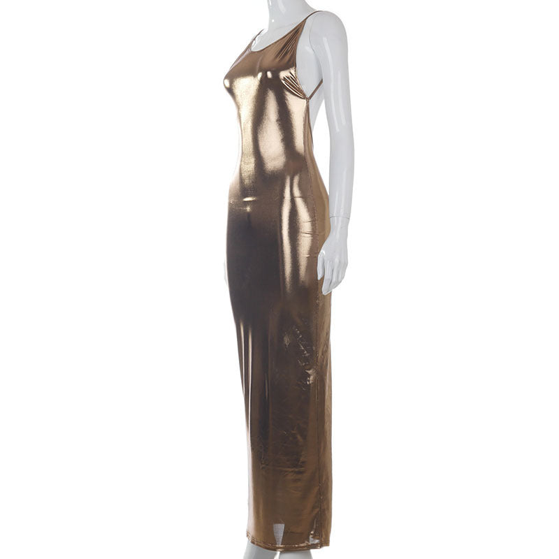 Heidi-Mode | Metallic O-Ausschnitt Offene Rückansicht Körperbeton Maxi Kleider