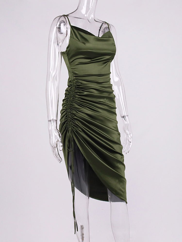 Heidi-Mode | Satin Ärmelloses Rüschen Drawstring Midi Kleider