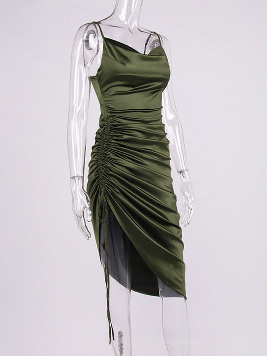 Heidi-Mode | Satin Ärmelloses Rüschen Drawstring Midi Kleider